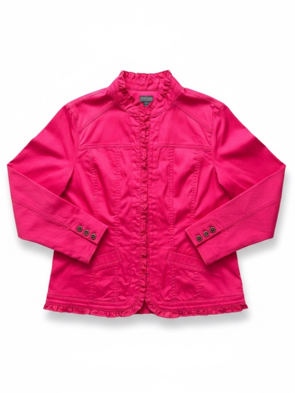 Chico's Women’s Blazer Ruffle-Trim Mock Neck Magenta Size-2 EUC
